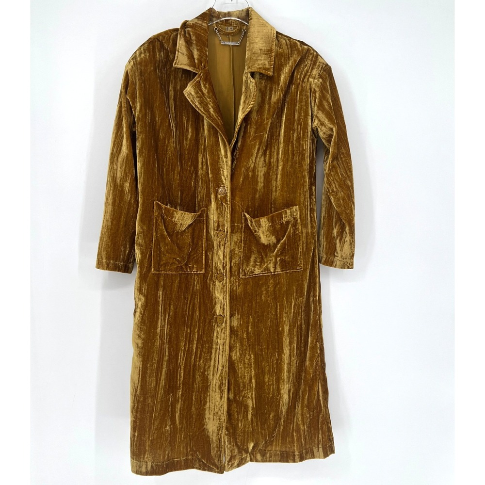 Paparazzi Trench Coat Womens M Crushed Velvet Gold Long Jacket Boho